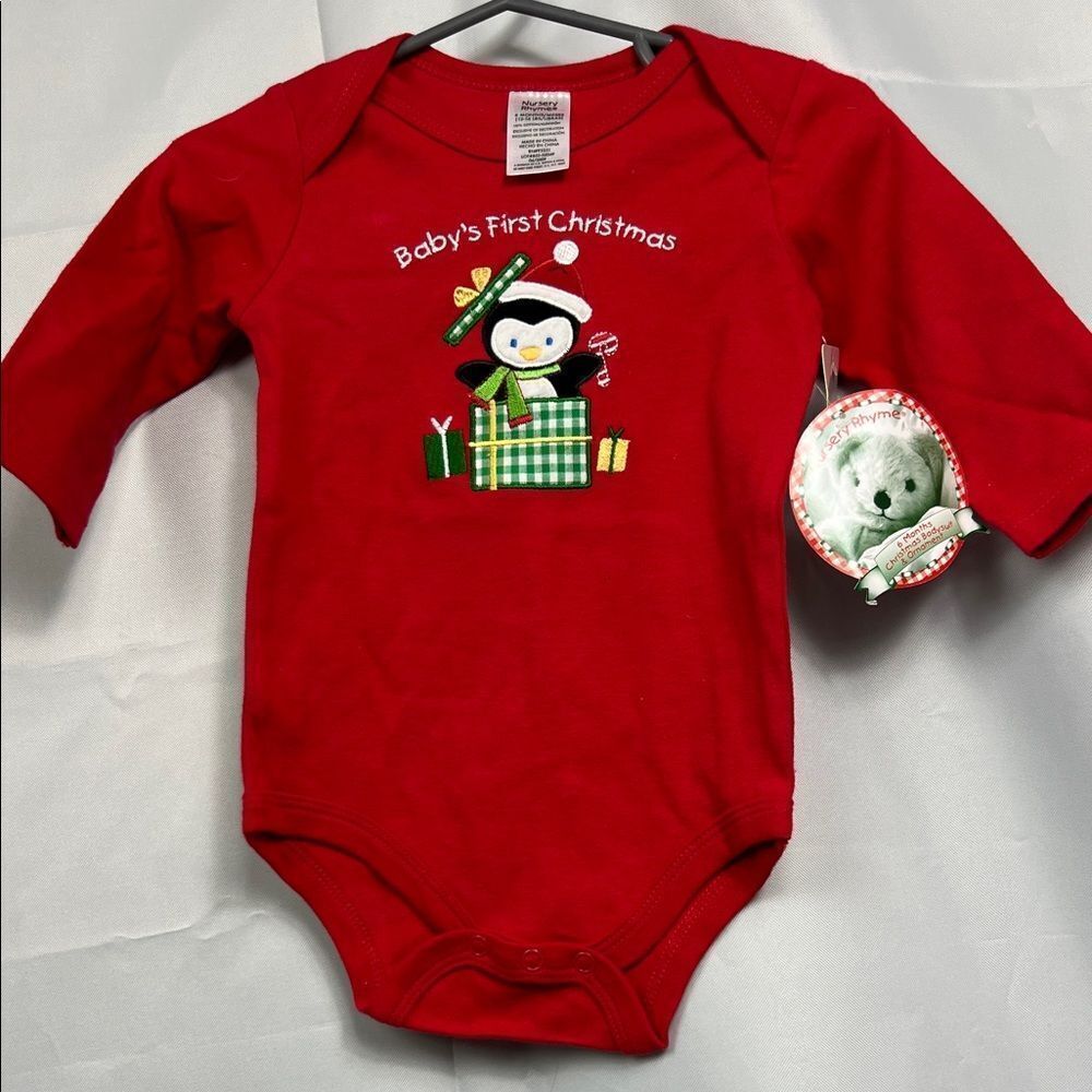 Nursery Rhyme Red long sleeve Baby’s First Christmas penguin bodysuit 6 months